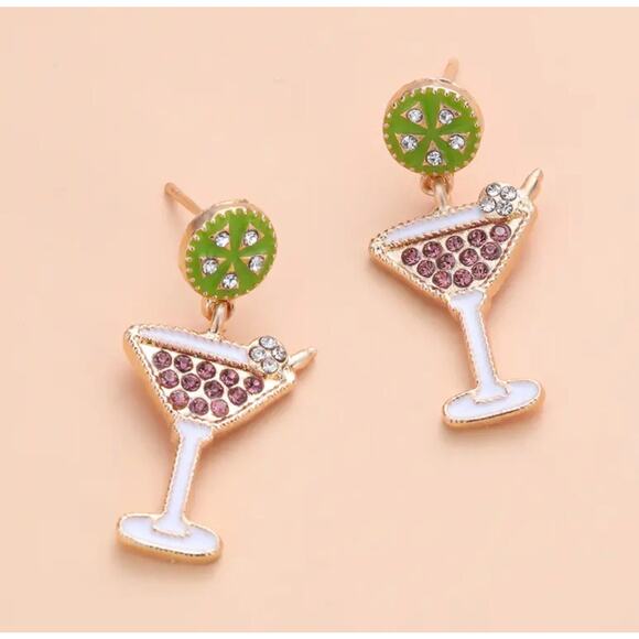 Espresso Martini Cocktail Design Glamorous Rhinestone Inlaid Dangle Earrings - Picture 1 of 3